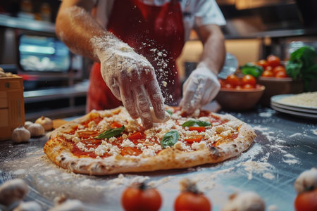 Pizza chef finishing the preparing of in professional pizzeria restaurant kitchen. generative aiの素材