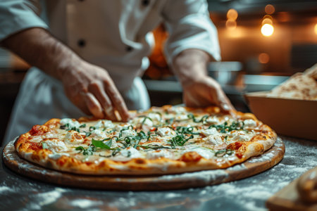 Pizza chef finishing the preparing of in professional pizzeria restaurant kitchen. generative aiの素材