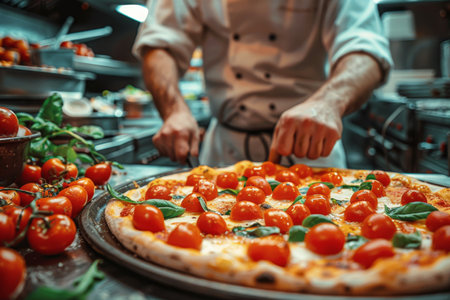 Pizza chef finishing the preparing of in professional pizzeria restaurant kitchen. generative aiの素材