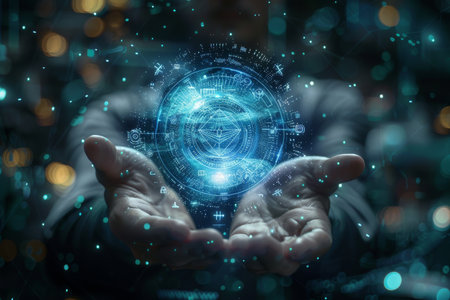 Growth cryptocurrency graph and icon in hands, digital art technology. generative aiの素材