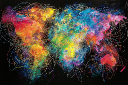 The interconnectedness of the world through the internet, with colorful lines and dots symbolizing data transmission.の素材