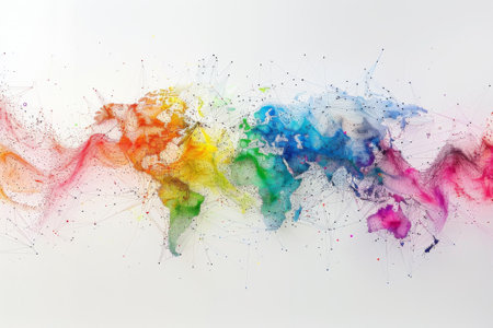 The interconnectedness of the world through the internet, with colorful lines and dots symbolizing data transmission.の素材