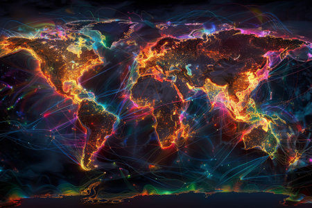 The interconnectedness of the world through the internet, with colorful lines and dots symbolizing data transmission.の素材