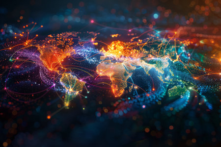 The interconnectedness of the world through the internet, with colorful lines and dots symbolizing data transmission.の素材