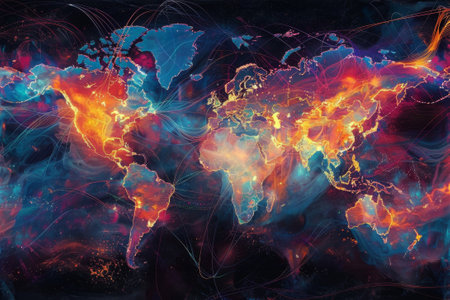The interconnectedness of the world through the internet, with colorful lines and dots symbolizing data transmission.の素材