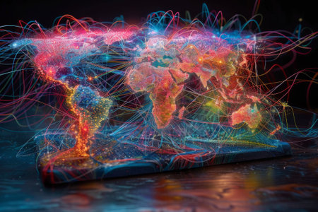 The interconnectedness of the world through the internet, with colorful lines and dots symbolizing data transmission.の素材