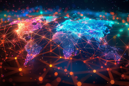 The interconnectedness of the world through the internet, with colorful lines and dots symbolizing data transmission.の素材