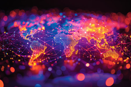 The interconnectedness of the world through the internet, with colorful lines and dots symbolizing data transmission.の素材