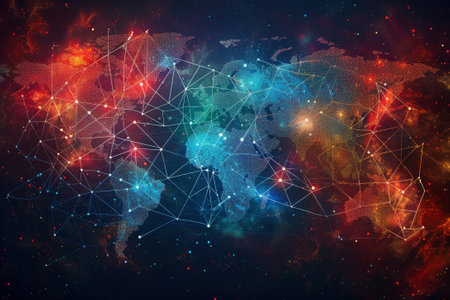 The interconnectedness of the world through the internet, with colorful lines and dots symbolizing data transmission.の素材