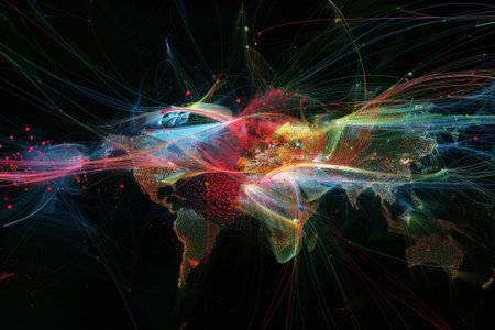 The interconnectedness of the world through the internet, with colorful lines and dots symbolizing data transmission.の素材