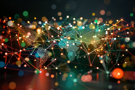 The interconnectedness of the world through the internet, with colorful lines and dots symbolizing data transmission.の素材