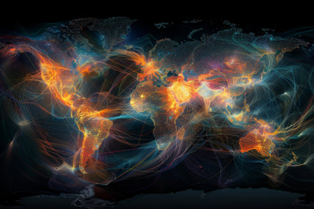 The interconnectedness of the world through the internet, with colorful lines and dots symbolizing data transmission.の素材