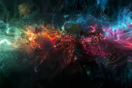 The interconnectedness of the world through the internet, with colorful lines and dots symbolizing data transmission.の素材
