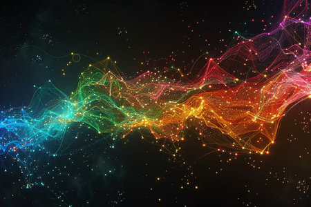 The interconnectedness of the world through the internet, with colorful lines and dots symbolizing data transmission.の素材