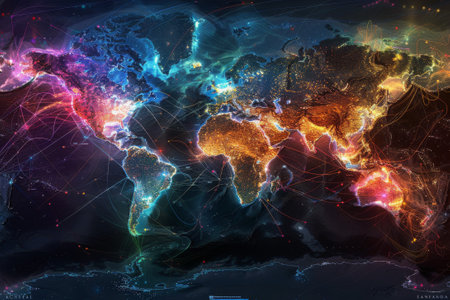 The interconnectedness of the world through the internet, with colorful lines and dots symbolizing data transmission.の素材