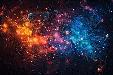 The interconnectedness of the world through the internet, with colorful lines and dots symbolizing data transmission.の素材