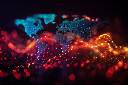 The interconnectedness of the world through the internet, with colorful lines and dots symbolizing data transmission.の素材