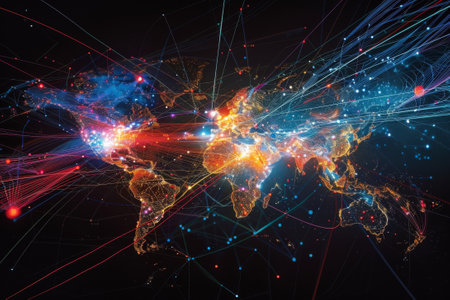 The interconnectedness of the world through the internet, with colorful lines and dots symbolizing data transmission.の素材