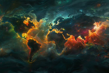 The interconnectedness of the world through the internet, with colorful lines and dots symbolizing data transmission.の素材