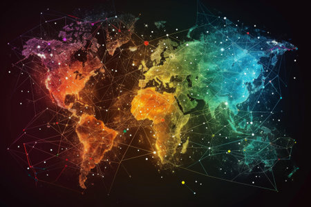 The interconnectedness of the world through the internet, with colorful lines and dots symbolizing data transmission.の素材