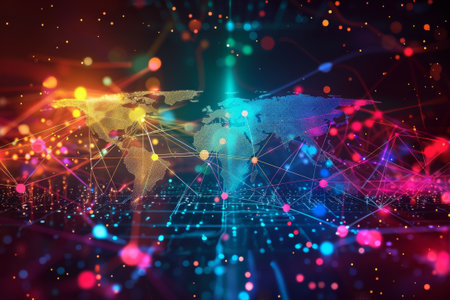 The interconnectedness of the world through the internet, with colorful lines and dots symbolizing data transmission.の素材