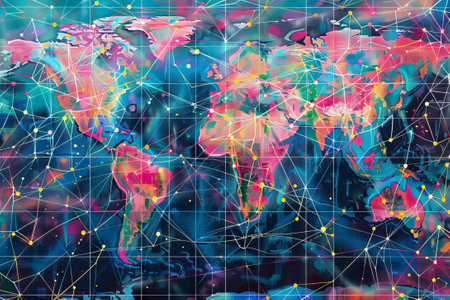 The interconnectedness of the world through the internet, with colorful lines and dots symbolizing data transmission.の素材