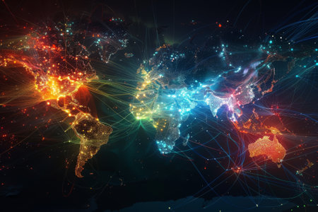 The interconnectedness of the world through the internet, with colorful lines and dots symbolizing data transmission.の素材
