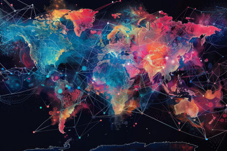 The interconnectedness of the world through the internet, with colorful lines and dots symbolizing data transmission.の素材