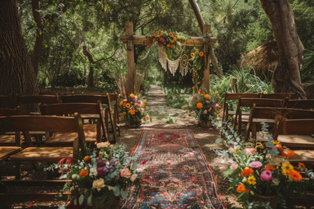 Outdoor location wedding ceremony set amidst blooming flowers and lush greeneryの素材