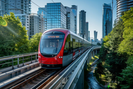 A sleek electric train gliding along elevated tracks powered by renewable energyの素材