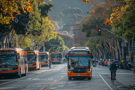A bustling urban street filled with electric buses and bicyclesの素材