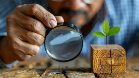 A businessman surrounded by cascading wooden blocks with green eco friendly iconsの素材