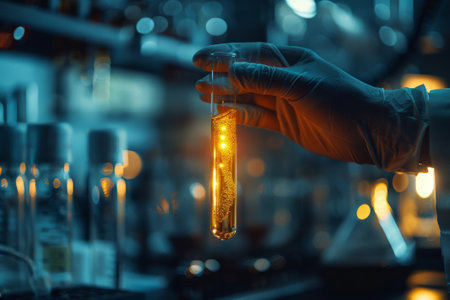 Close-up shot of a scientist's hands holding a glass test tube filled with  liquid Chemical substanceの素材