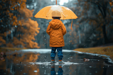 A boy standing at the edge of a puddle, while holding onto his umbrella and wearing a raincoatの素材