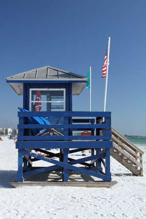 Blue lifeguard tower on the beach in Florida at Siesta Beach.の写真素材