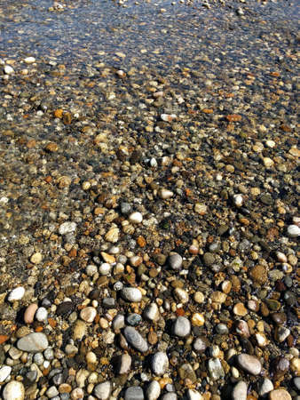 A bunch of small river rocks located in the clear water of the river.の写真素材