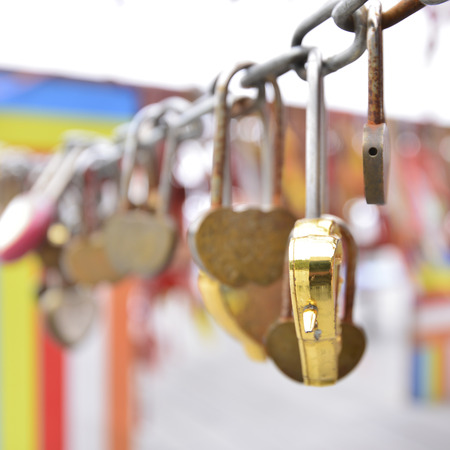 Close up view of couple padlockの写真素材