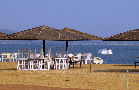 chairs and tables by the seaのeditorial素材