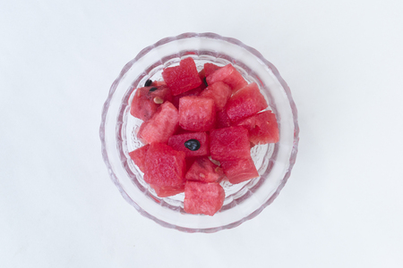 The diced watermelon is in the glass bowlの写真素材