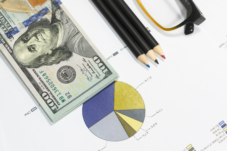 Dollar bills, pens, coffee, glasses and business charts are placed on the desk.の写真素材