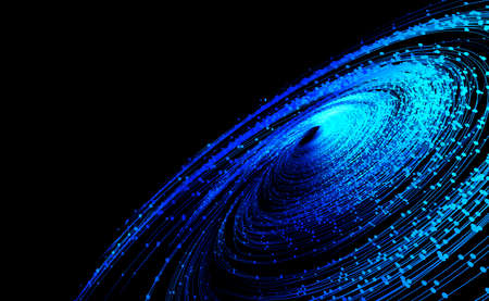 Dotted line glowing particle vortex, big data, communication technology technology.の写真素材