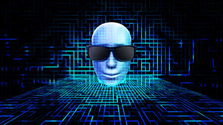 3D rendering AI human face on the circuit board space, artificial intelligence concept.