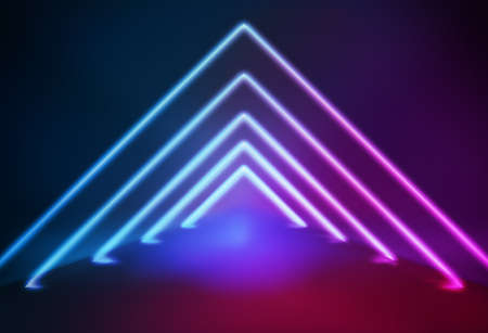 A channel space constructed with triangular glowing neon light lines.の写真素材