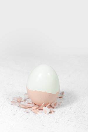 The cracked egg shell of the peeled egg is placed next to it