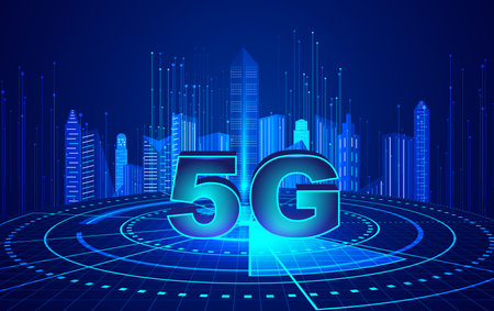 5G network and buildings, future city concept internet technology.のイラスト素材
