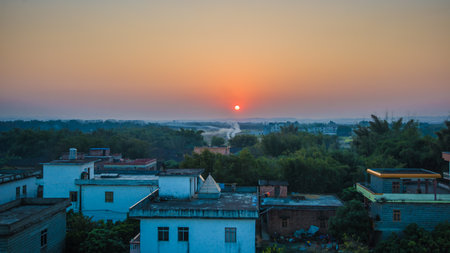 peaceful countryside sunsetの写真素材