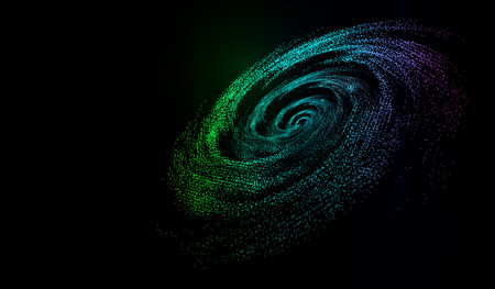 Cosmic vortex glowing particle flow builds network big data backgroundの写真素材