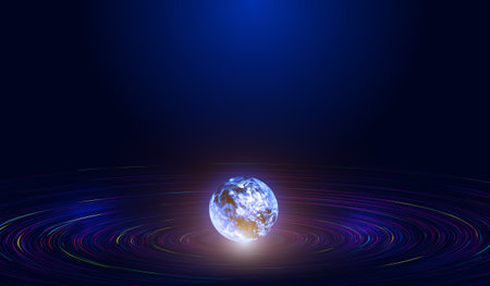 3D earth, cosmic vortex of lines, network big data background.の写真素材