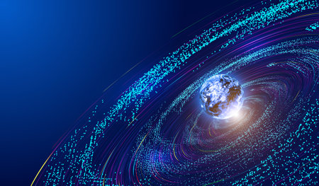 Glowing digital earth, cosmic swirl of particle flow, big data background of network technology.
