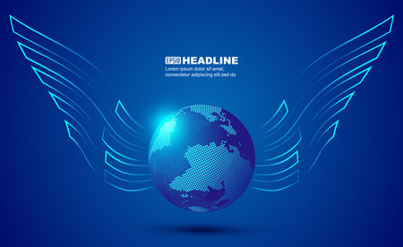 Technology sense pixel earth and flying wings poster vector backgroundのイラスト素材
